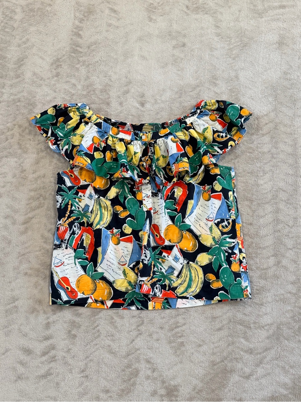 J.Crew Postcard Tropical Fruit Ruffle Off Shoulder Resort Boho Blouse Sz 14